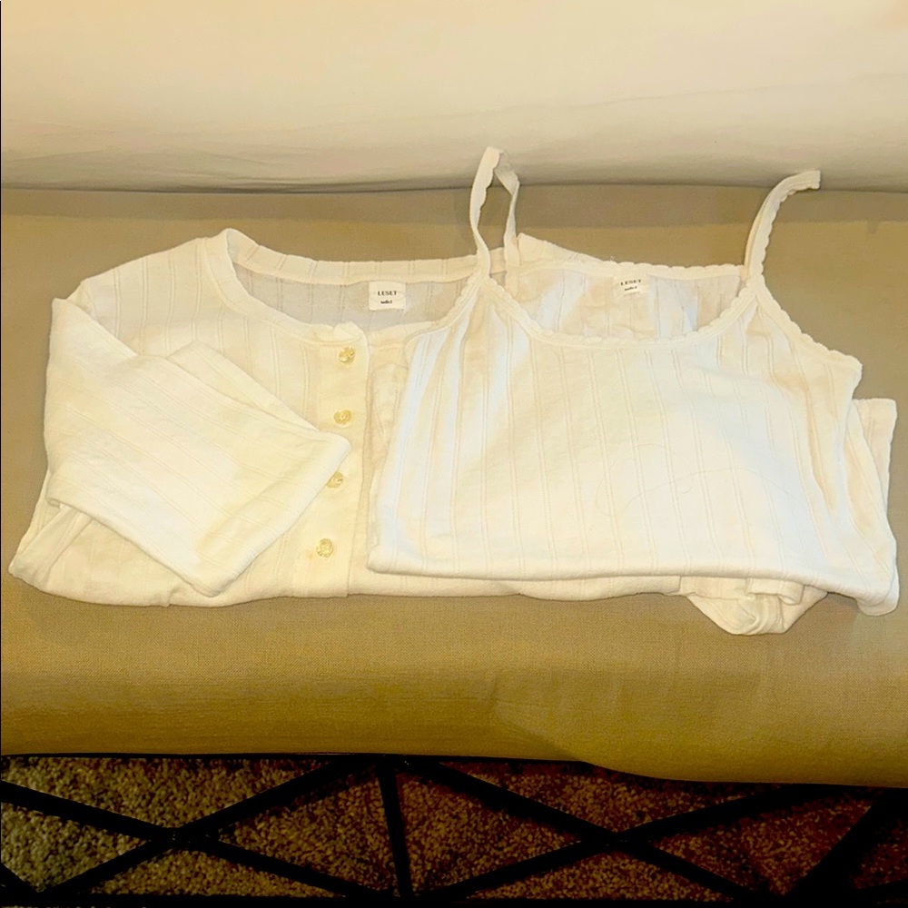 Leset White Pointelle Tank and Classic Crew Cardigian/ Small